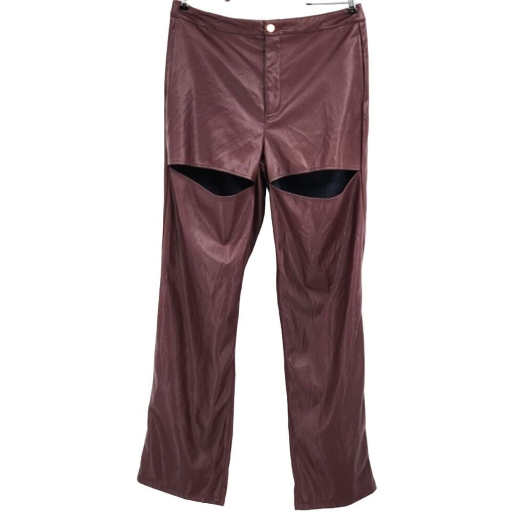Prettylittlething Faux Leather Trousers Size 12 Women Brown Straight Leg Y2K